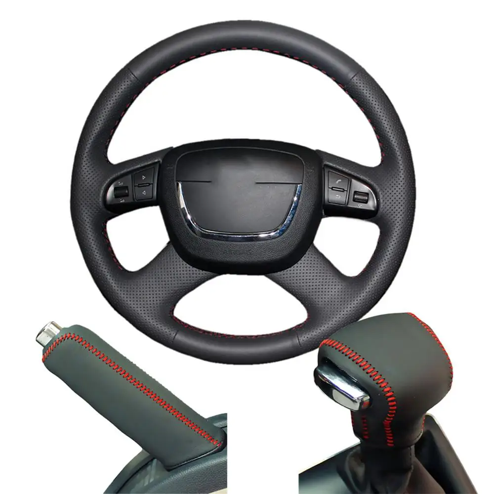 3 PCS SET Red line PONSNY Рулевое управление автомобиля/Шестерня/ручной тормоз чехол из натуральной кожи для SKODA Octavia 2010-2012 авто ручной сшитый чехол - Название цвета: 3 PCS SET Red line