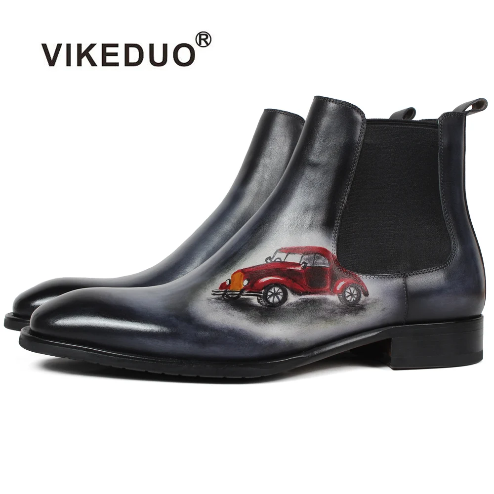 VIKEDUO/осенние мужские ботинки Челси с квадратным носком и рисунком автомобиля