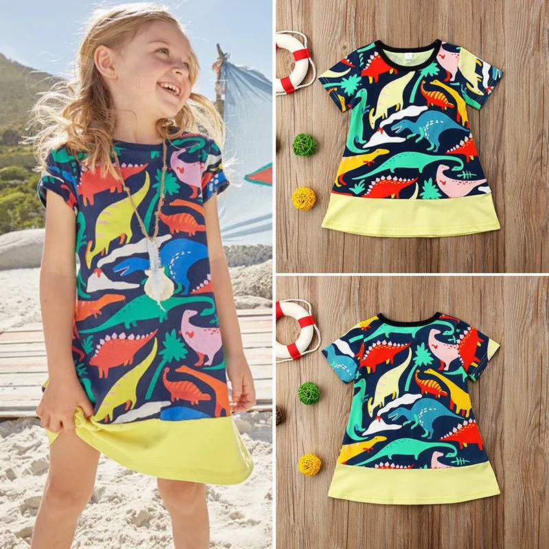 2018 Summer Cute Baby Kids Girls Dinosaur Print Princess Dress O-Neck Short Sleeve Costume 1-6T | Детская одежда и обувь