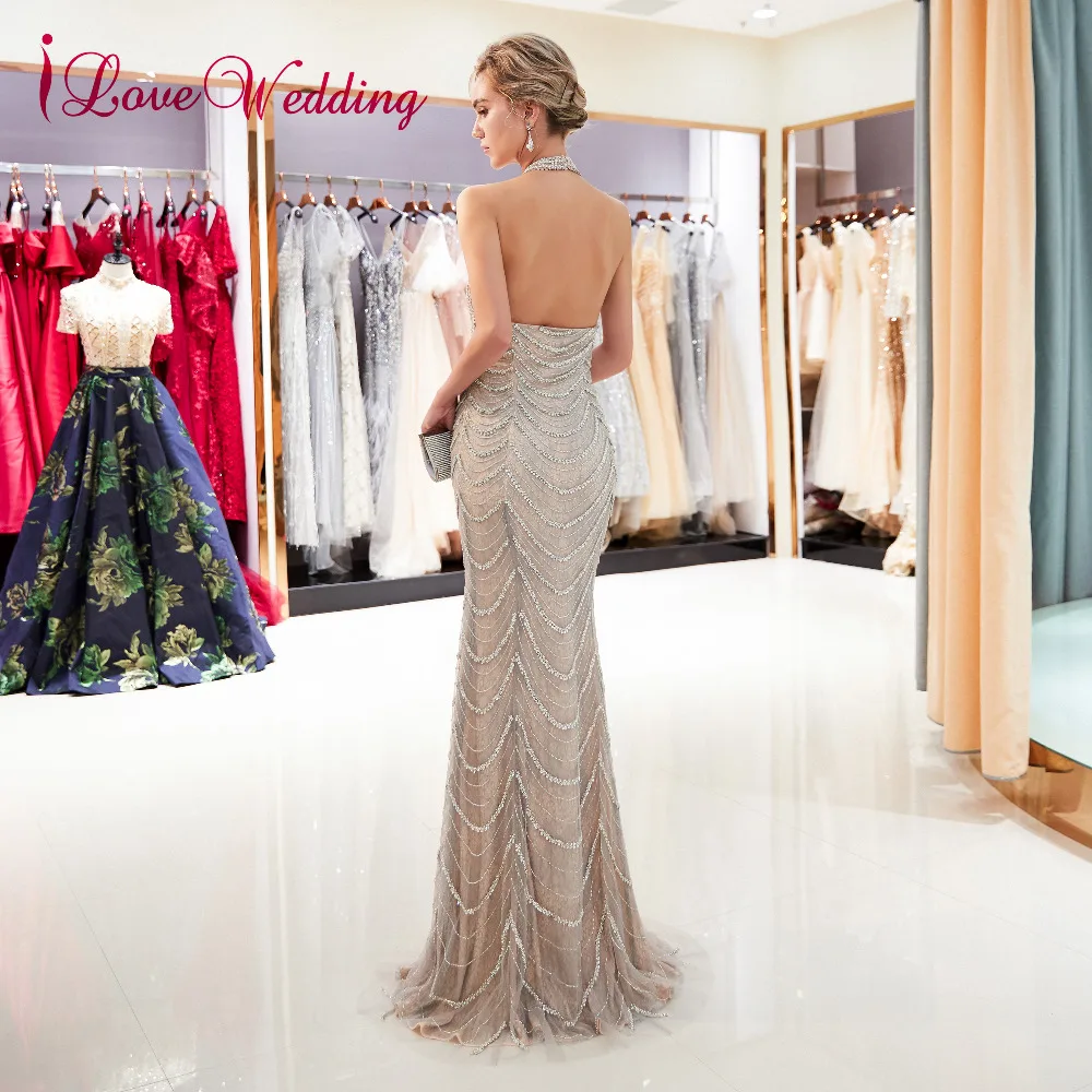 ILoveWedding с лямкой на шее вечернее платье Шампань торжественное пол Длина без