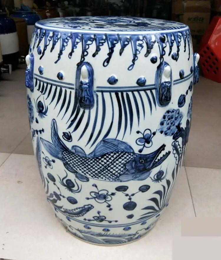 

Фарфоровый табурет Цзиндэчжэнь, керамический табурет, окрашенный в сине-белый цвет, круглый табурет, Балконный табурет для ванны, рыбы, керамический табурет