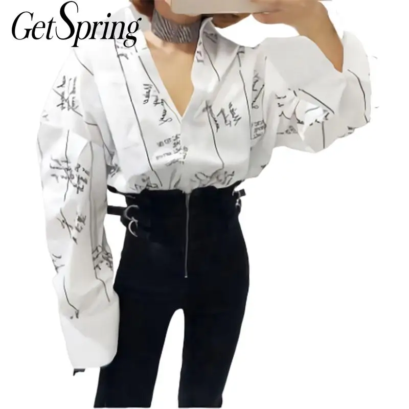 Женская блузка рубашка GETSPRING весна 2019 белая из хлопка универсальная свободный