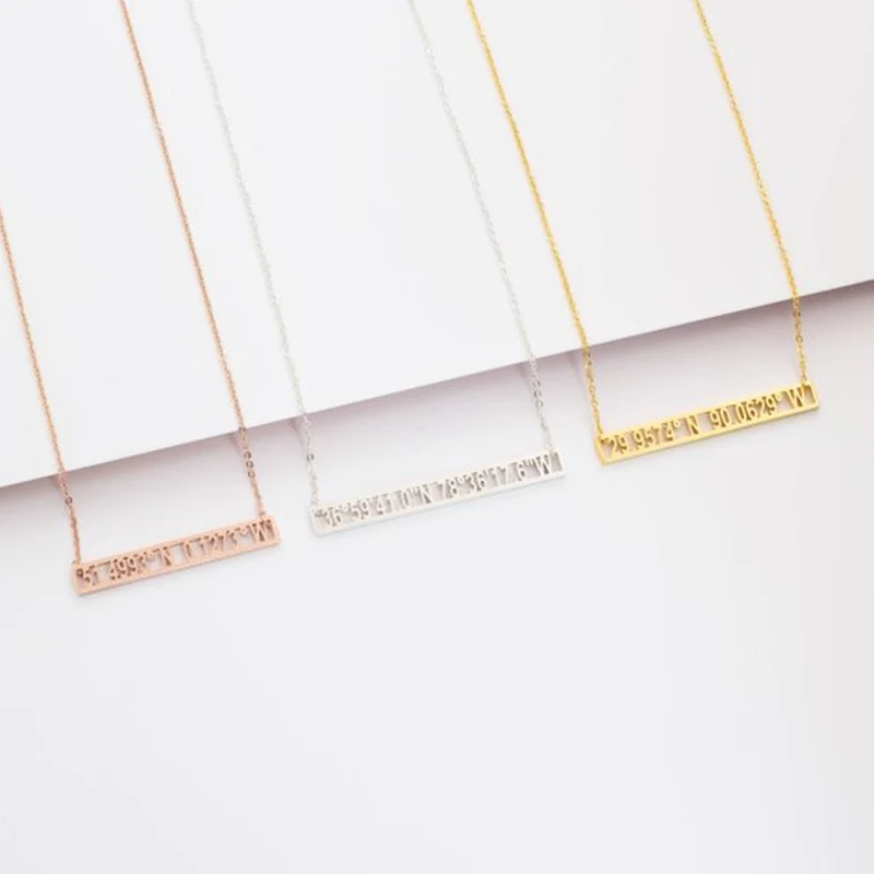Gold Color Customized Coordinates Bar Pendant Necklace Vintage Jewelry Personalized Name Choker Custom Bijoux Kolye | Украшения и