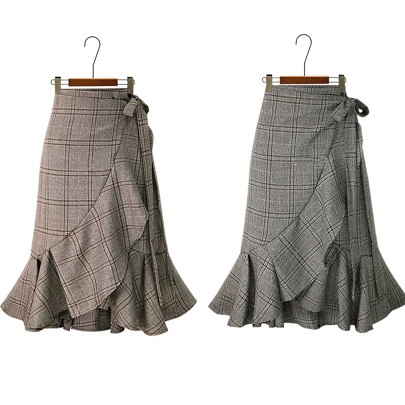 Newest Women High Waist Plaid Trumpet Skirts Female Elegant Lace Up Midi Gray Mermaid Skirt Casual winter Clothing For Girl | Женская