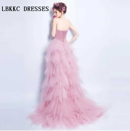 Милая телесного и розового цвета Вечерние платья спереди короткое сзади Длинные