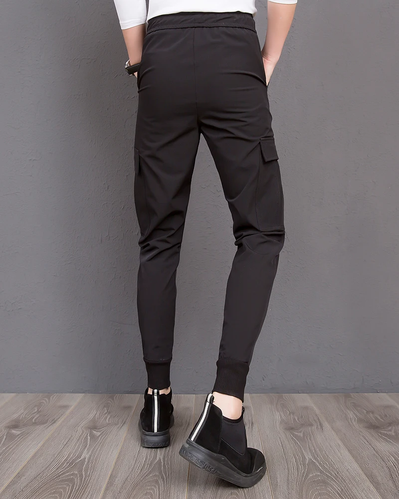 Для мужчин брюки Slim Fit боковые карманы патч черные брюки Мужской Повседневное работы уличная Костюмы модные мужские Штаны для бега