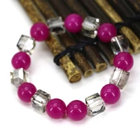fashion 12mm round rose red stone jades chalcedony beads charms bracelets women 10mm cube crystal unique jewelry 7 5inch b2936