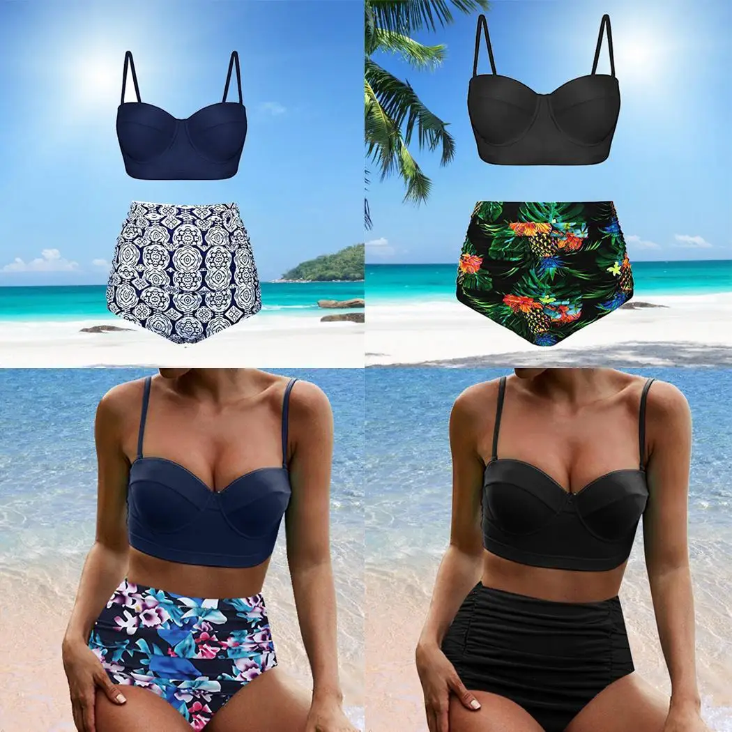 Женский модный купальник с принтом плиссированный декор высокая талия