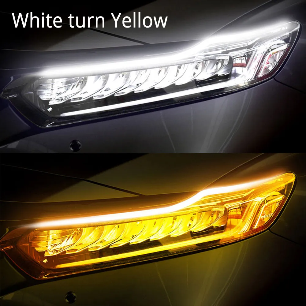 White turn yellow Автомобильный светодиодный светильник, 30 см/45 см/60 см, гибкая светодиодная лента, водонепроницаемый, тонкий, гибкий, сигнал поворота, желтый, струящийся, ходовой светильник s DC 12V - Испускаемый цвет: White turn yellow