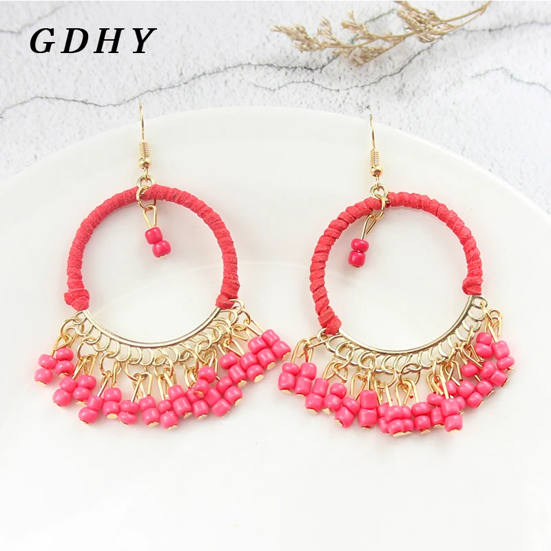 GDHY Bohemian Beaded Long Tassel Drop Earrings For Women Handmade Red Beads Dangle Ethnic Female Wedding Gift Jewelry | Украшения и