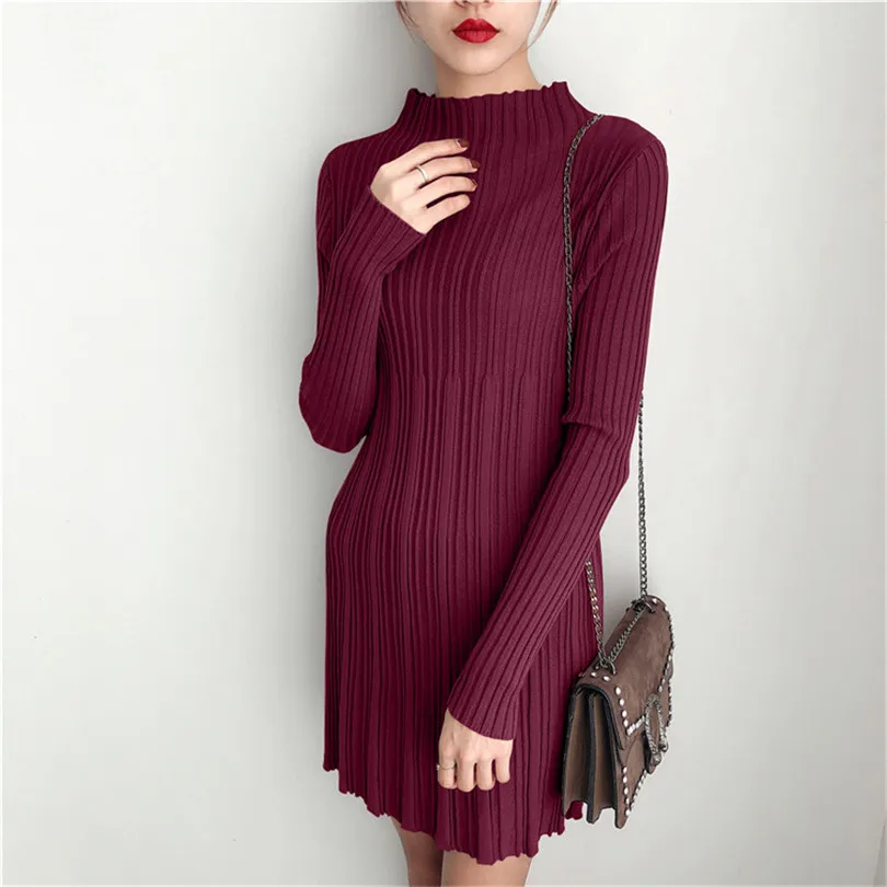 Elegant Long Sleeve Patchwork Knitted Women Sweater Dress Loose Stand Collar A Line Solid Female Pullover Jumper Undershirt | Женская