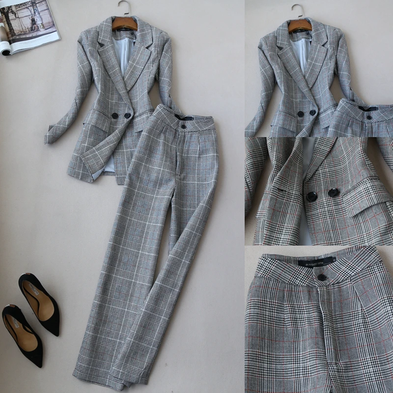 Fashion office lady suits plaid suit 2 Piece Sets woolen Blazer + wide leg Pant