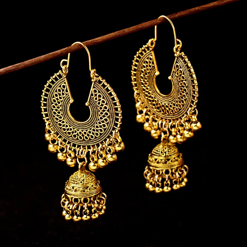 Египетские винтажные женские Золотые и Серебряные Колокольчики Jhumka, этнические серьги-кисточки, турецкие племенные GypsyRound полые индийские ювелирные изделия