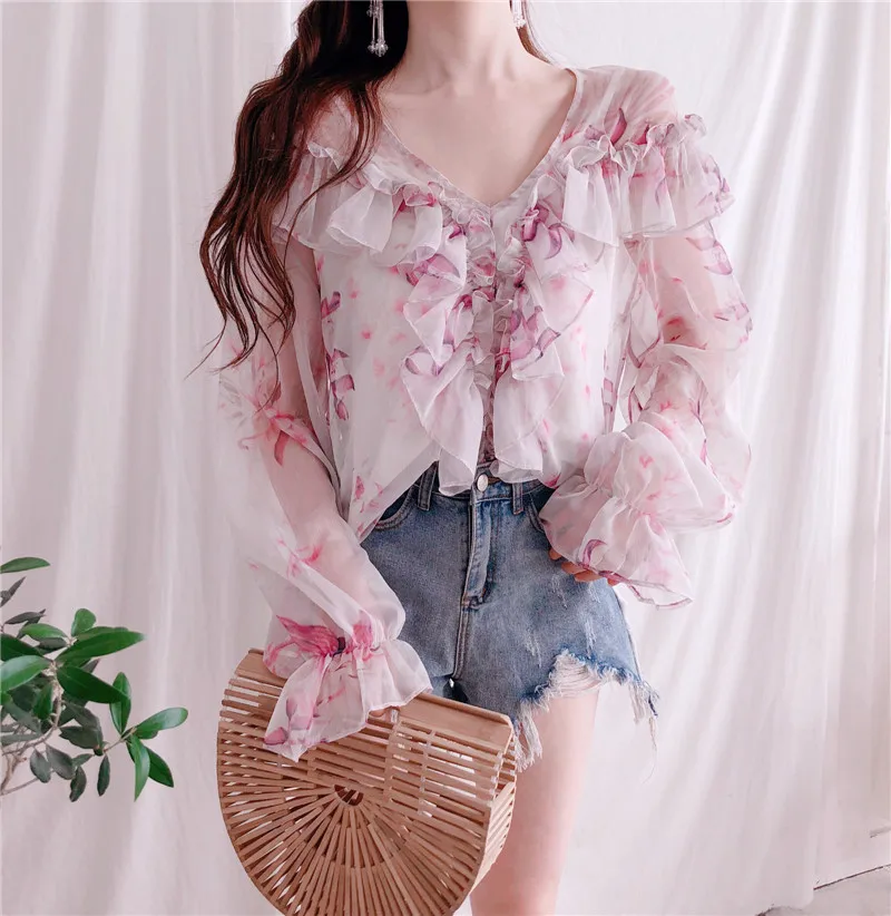 Женские рубашки Ulzzang японские Kawaii винтажные летние цветочные шифоновые блузки
