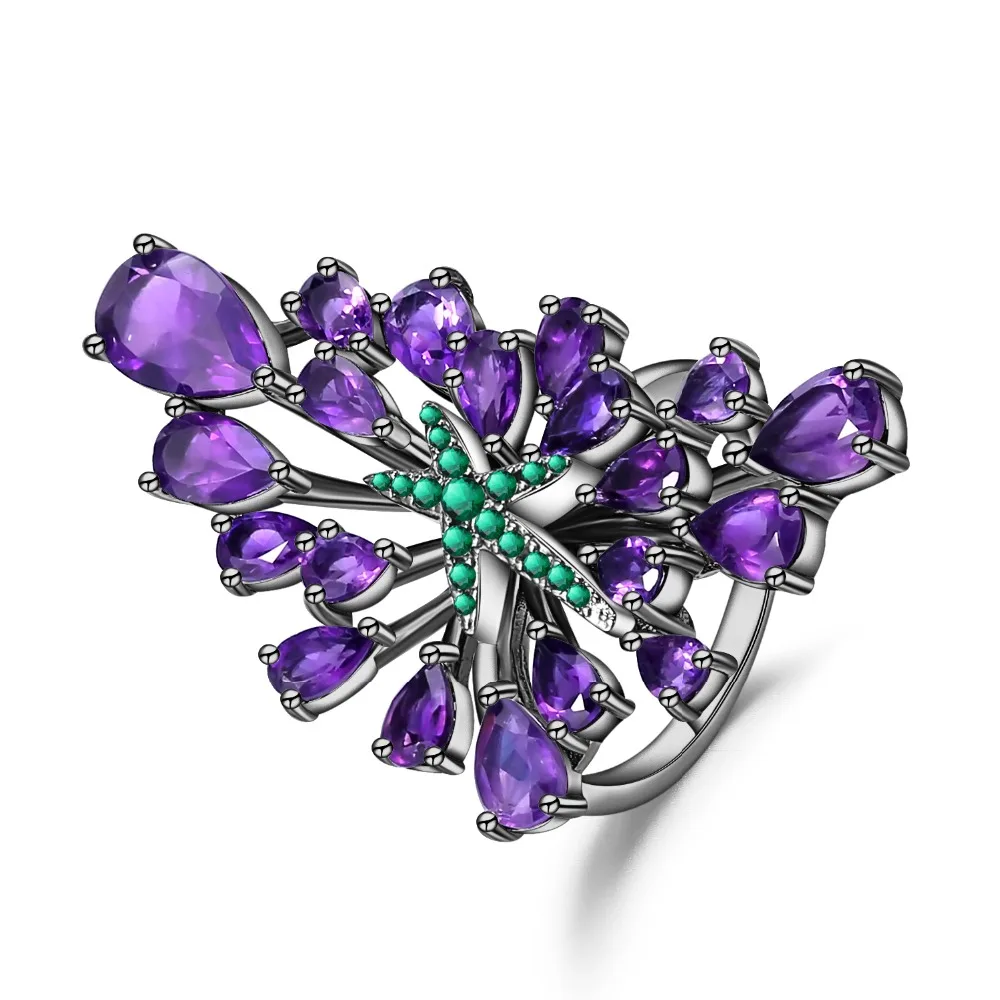 

GEM'S BALLET 6.18Ct Natural Amethyst Purple Gemstone Cocktail Ring 925 Sterling Sliver Vintage Gothic Green Star Rings For Women