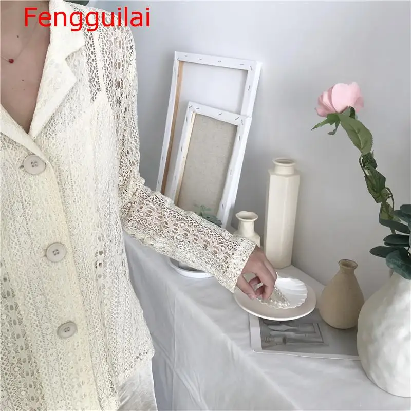 Женская кружевная блузка Fengguilai осенняя ажурная рубашка с длинным рукавом и