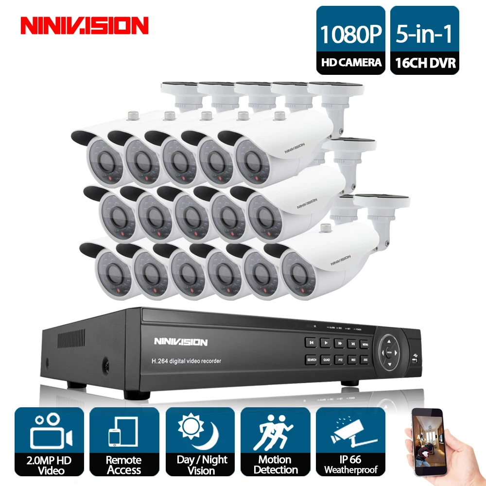 

NINIVISION 16CH 1080P TVI H.264 + 16CH DVR 16 2.0MP Наружная цилиндрическая CCTV видео система камер домашней безопасности комплект наружного наблюдения