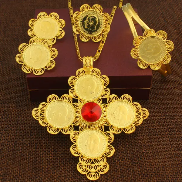 Adixyn новый красный камень Эфиопский крест монета Свадебные Ювелирные наборы 24 К