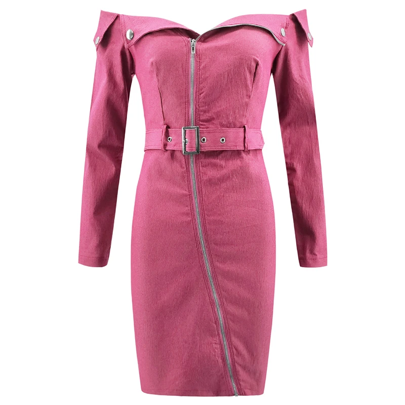 Летнее облегающее джинсовое платье на молнии с поясом женское сексуальное