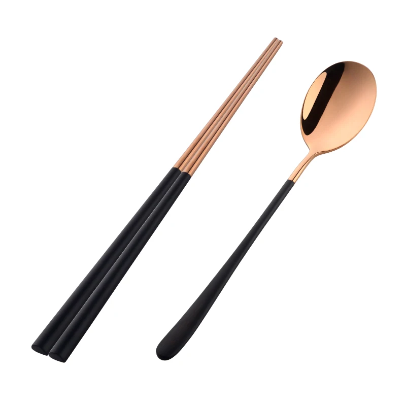 black and rose gold 1 Набор корейских многоразовых ложек набор посуды из нержавеющей стали Набор Посуды Золотой Хаши палочки для еды и ложки набор металлических палочки для суши - Цвет: black and rose gold