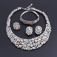 oeoeos african beads jewelry sets for women ab color crystal necklace earrings bracelet silver plated wedding dress accessories