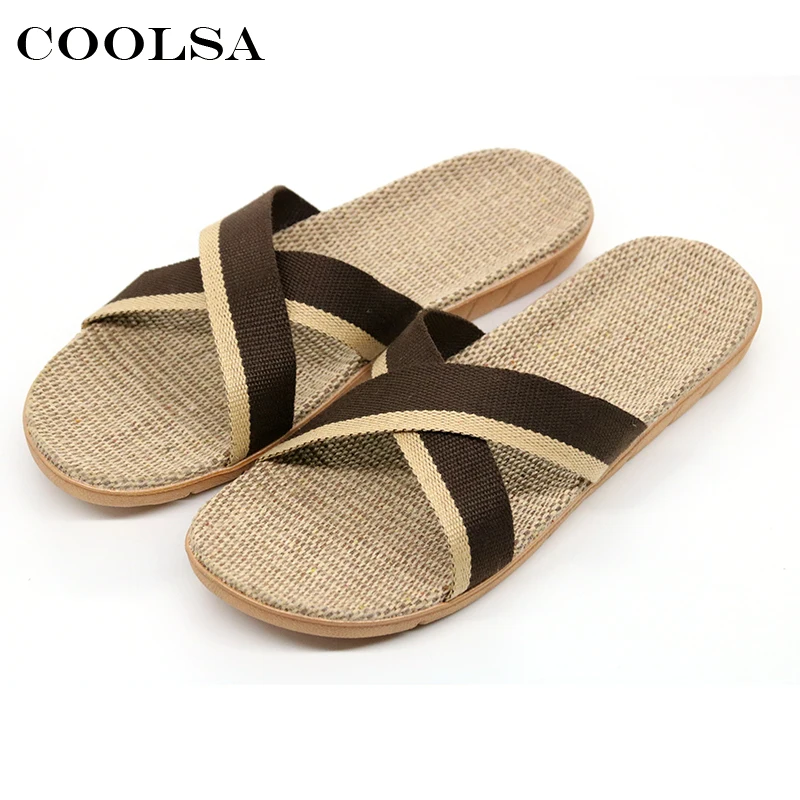 

Coolsa Summer Men Flax Flip Flop Canvas Linen Non-Slip Designer Flat Slides Indoor Slippers Man Beach Sandals Casual Straw Shoes