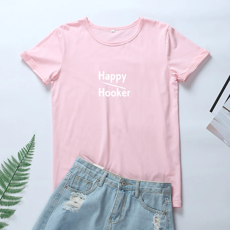 OLN 2018 Happy Hooker короткий рукав футболки хлопок для женщин корейская мода