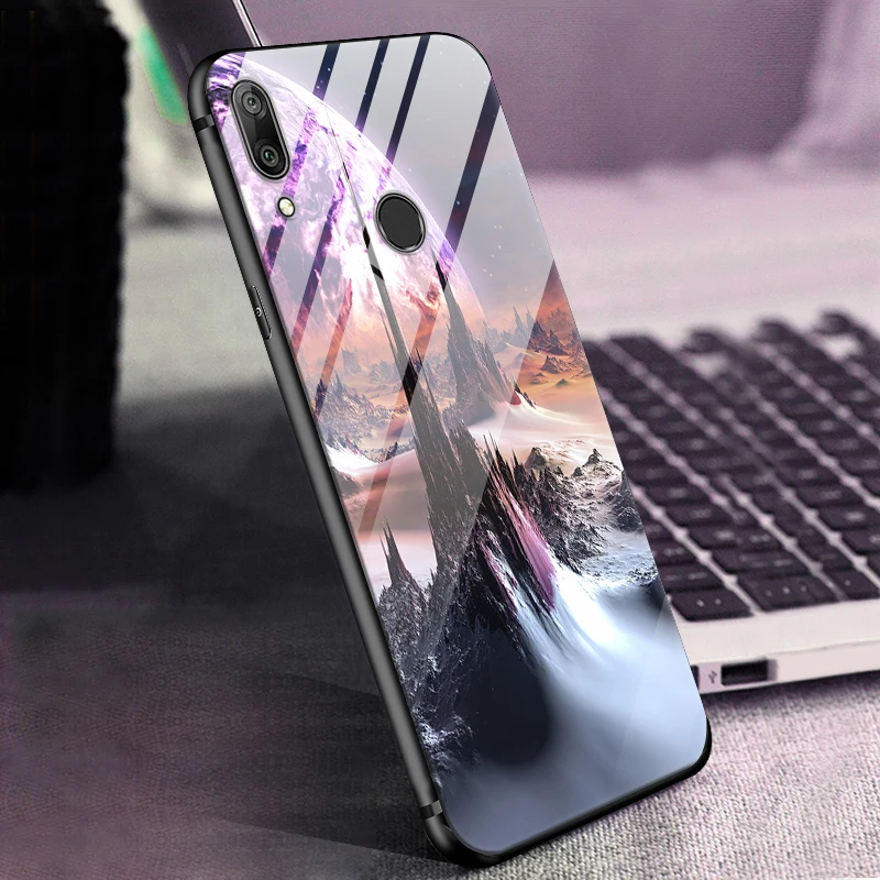 Чехол Y7 2019 для Huawei чехол из закаленного стекла с планетами и космосом стеклянный