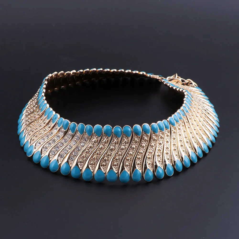 OEOEOS Трендовый стиль кристальный брачный комплект ювелирных изделий свадебное ожерелье серьги голубая эмаль золотого цвета модные аксессуары для вечеринок.