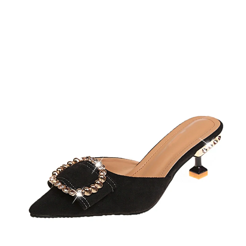 

Elegant Women Mules Slippers Pointed Toe Rhinestone Buckle Sandals Fashion Flock Solid Summer Shoes Footwear For Ladies