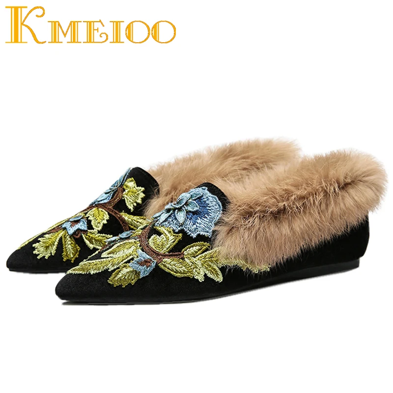 Kmeioo/Модная обувь с вышивкой Теплая сезон осень зима Меховые Туфли без задника на
