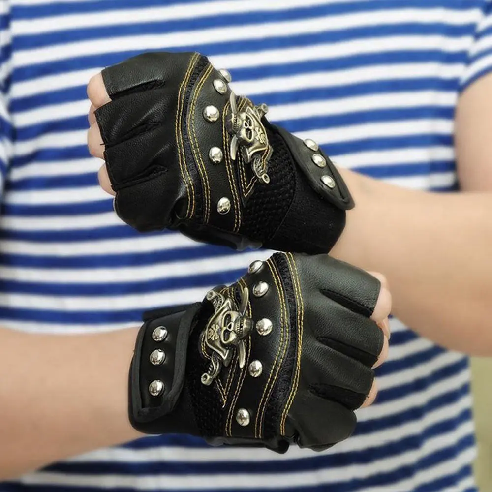

Skull Gloves Leather Skeleton Motorcycle Cross Racing Gloves Half Fingers Pirate Skull Rivet Punk Bicycle Cycling Gloves New