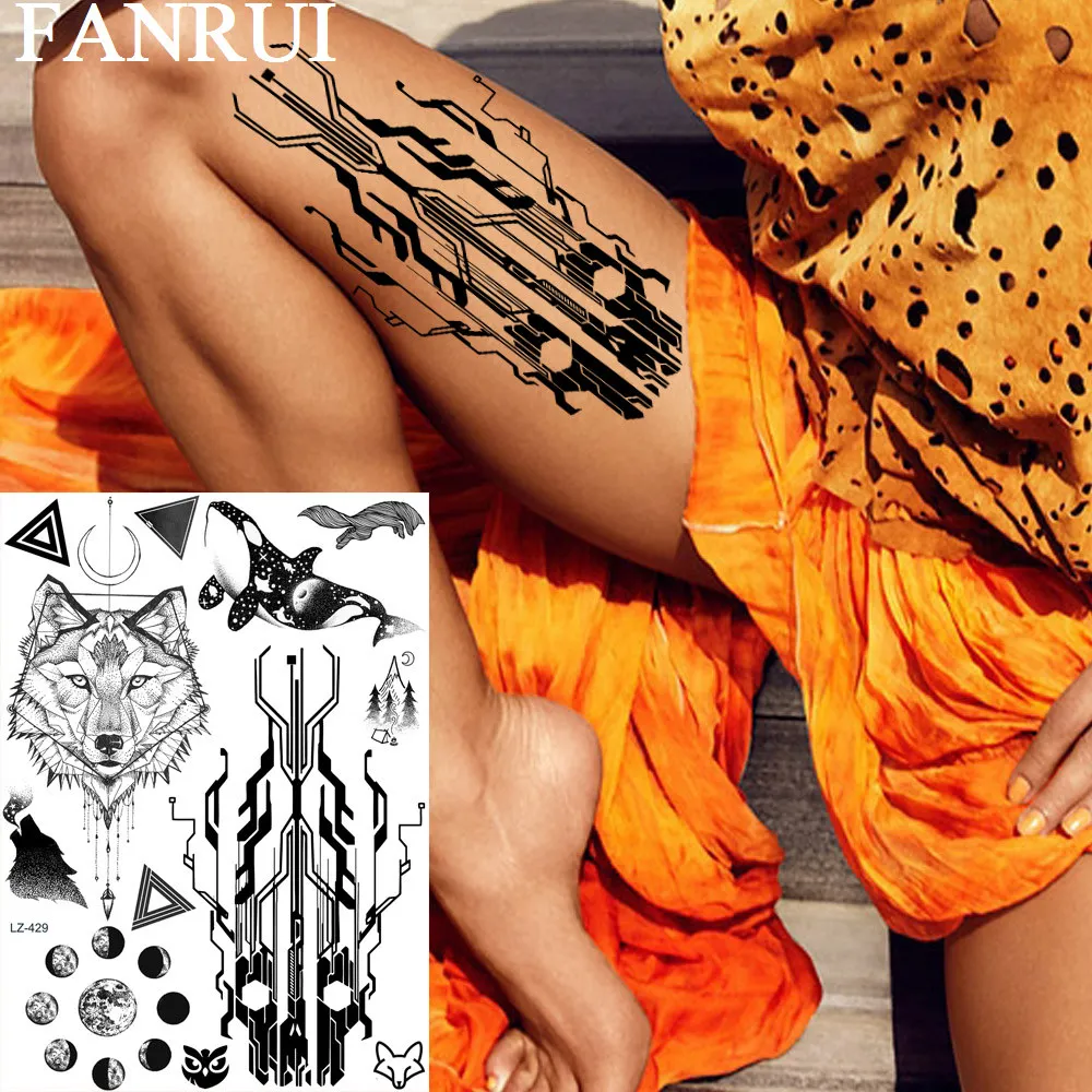 

FANRUI Circuit Board Geometric Wolf Temporary Tattoos Sticker Planets Waist Custom Tattoo Triangle Black Tatoos For Women Men