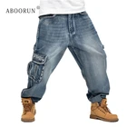 Мужские мешковатые джинсы ABOORUN в стиле хип-хоп, синие джинсы-карго с несколькими карманами, мужские свободные джинсы для скейтборда, P3071