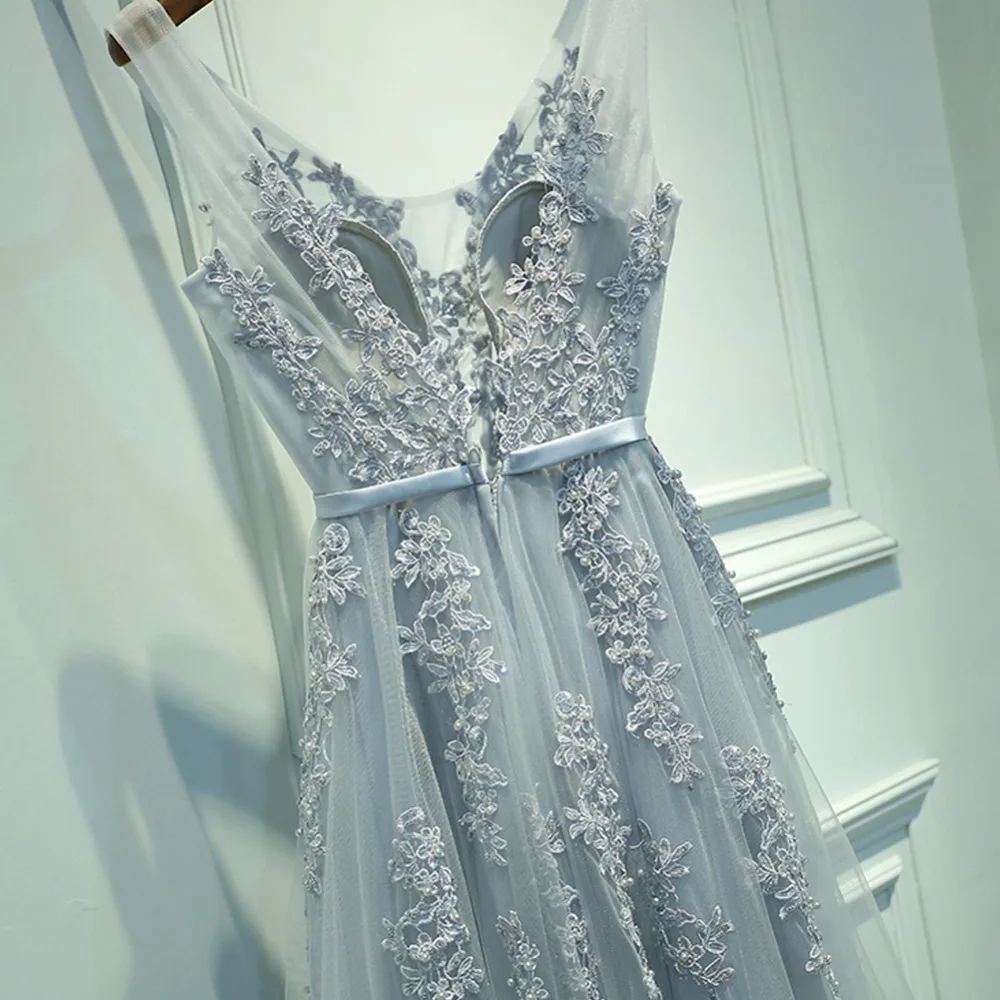 Сексуальное вечернее платье с v-образным вырезом, Robe De Soiree, новинка, высокое качество, Серый Тюль, вечерние платья с аппликацией, настоящая фотография, vestido de festa