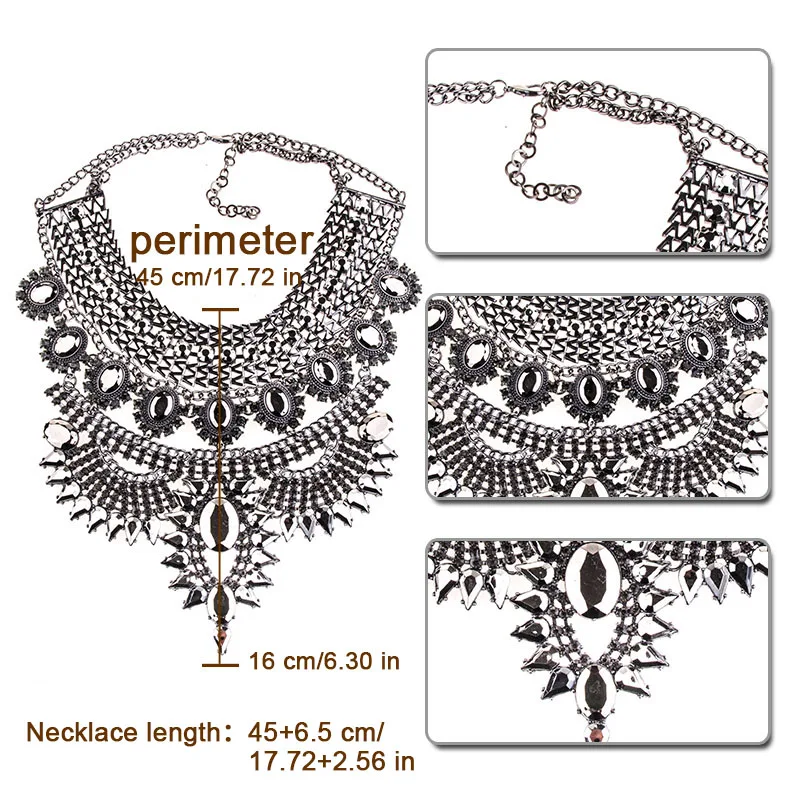 Fashion Elegant Temperament Bib choker necklace Women statement big chunky vintage black silver crystal #232831 | Украшения и