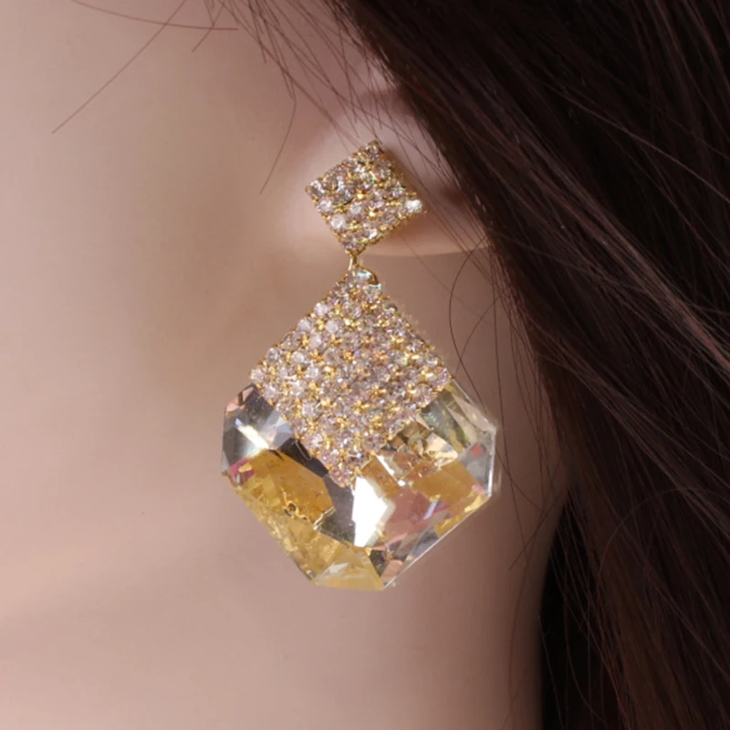 Classic Simple Style White Gray Color to Selection Inlay Big Rhinestone Square Shape Pendant Drop Earrings for Women | Украшения и