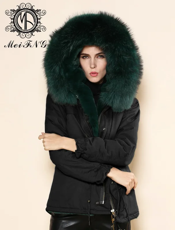 

Elegant comfortable Mr black jacket green faux fur inside with raccoon fur collar short parka women winter Mrs furs coat