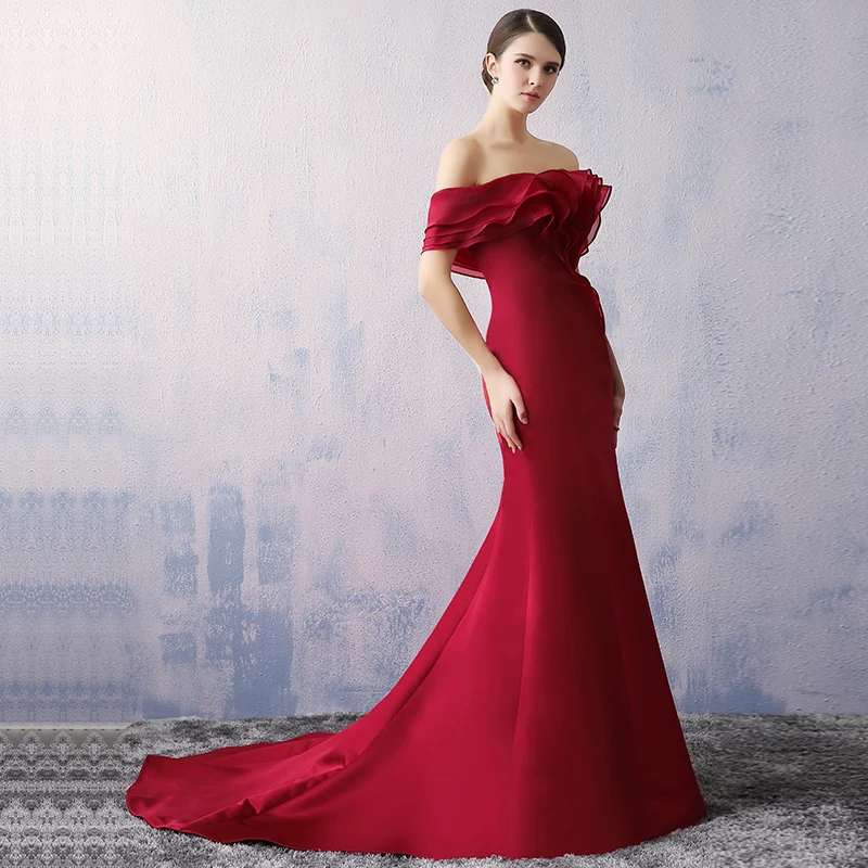 Элегантные бордовые с открытыми плечами оборки Vestidos De Festa открытой спиной