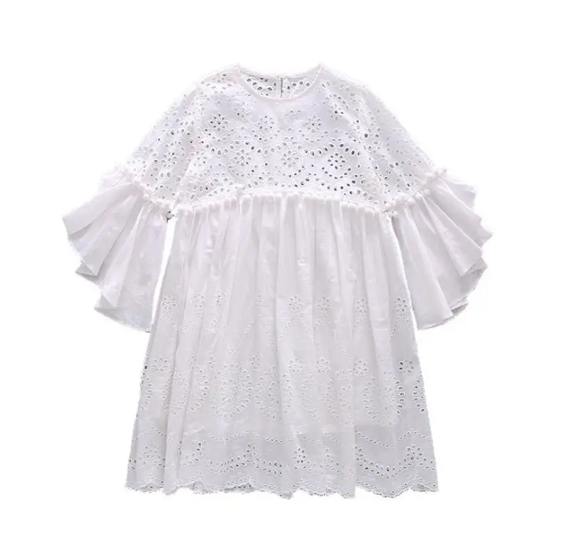 Retail Teenage 2019 Children Girls White Hollow Out Summer Dress Princess Fashion Boutique 4-9T | Детская одежда и обувь