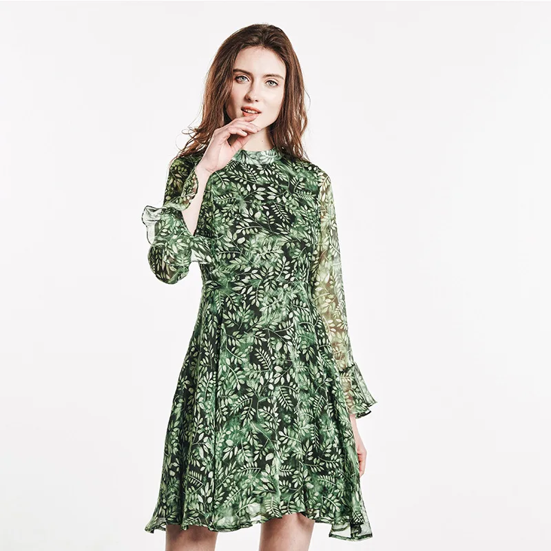 MECEBOM Women dresses summer fashion comfortable green long flare sleeve Leaves-print lady dress 216c | Женская одежда