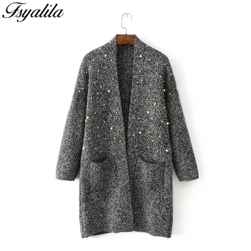 Beading Cardigan Women Knitted Sweater Warm Winter Tops Long Sleeve Casual Female Coat Kimono Loose Open Stitch New |