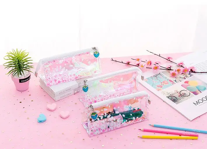 1 шт. цветной лазерный чехол-карандаш с блестками Kawaii Cherry Blossom Прозрачный большой чехол-карандаш канцелярская коробка для карандашей для девочек подарок