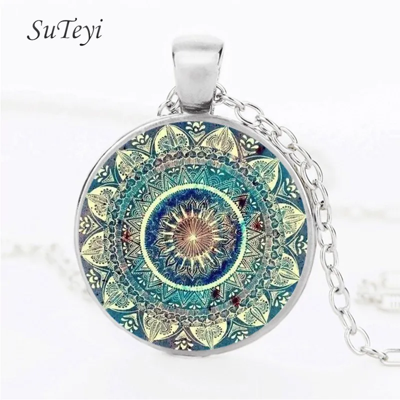

SUTEYI Vintage Necklace Buddhism Chakra Glass Dome Cabochon Pendant Jewelry Om Indian Yoga Mandala Necklaces For Women Men