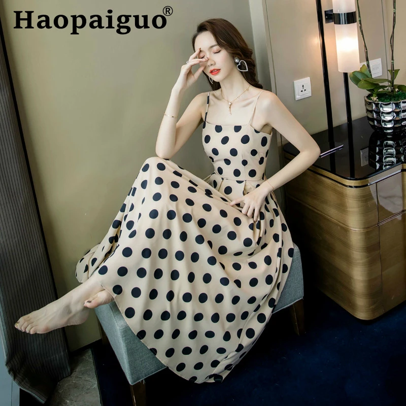 Платье в горошек с принтом больших качелей корейские тонкие повседневные