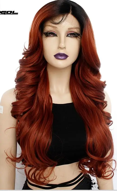 Ombre Auburn Red Anogol 613 блонд длинная объемная волна 1B# черное волокно Futura волокно боковая часть синтетический кружевной передний парик термостойкий для женщин - Цвет: Ombre Auburn Red