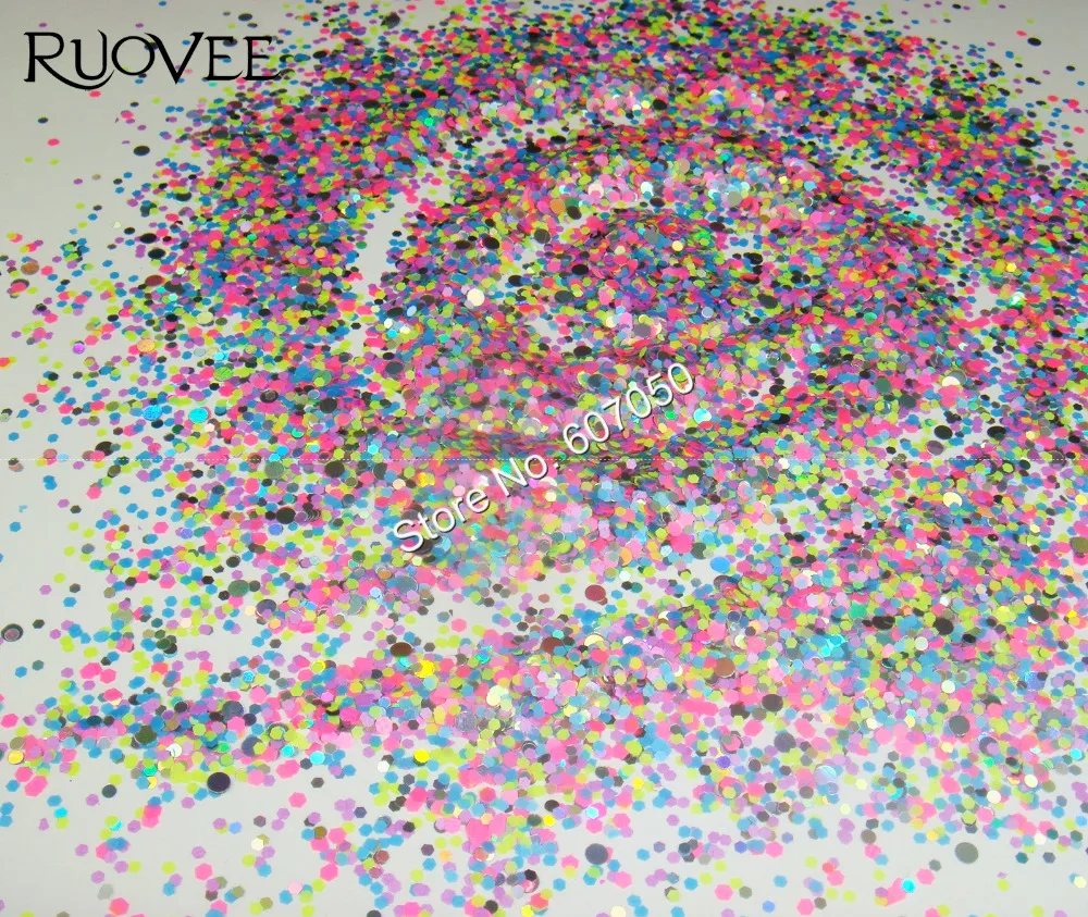 

014#-Mixed NEON Laser Colors Hexagon Round Shapes Solvent Resistant Glitter for DIY Gel Art Nail Polish