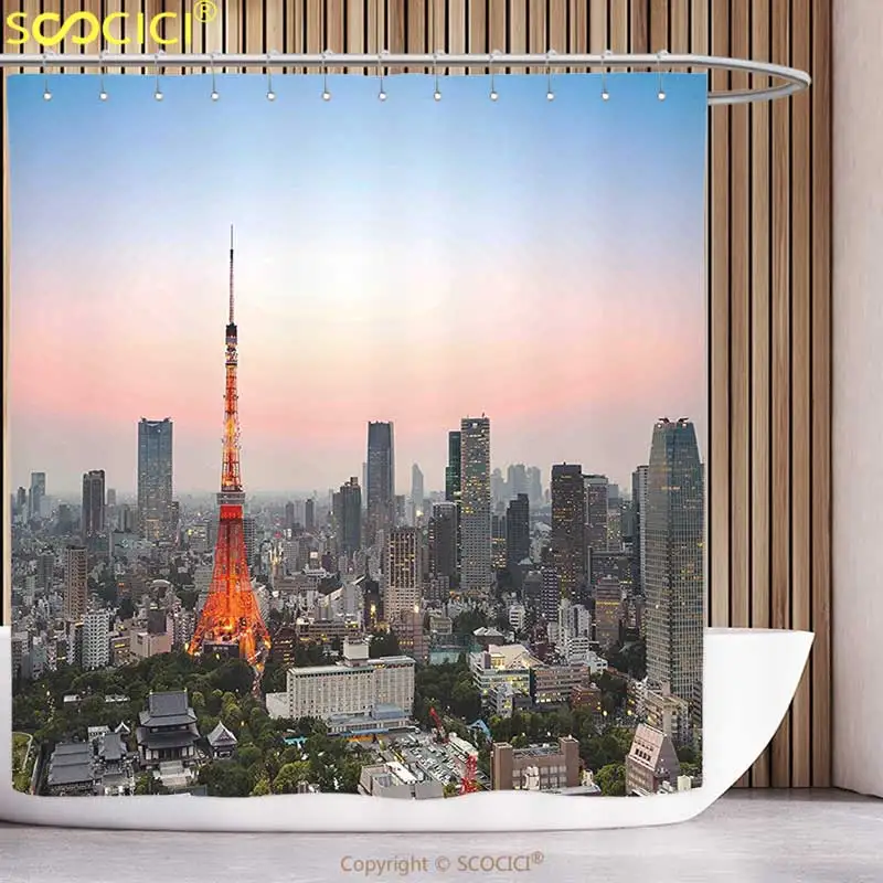 Waterproof Shower Curtain Urban Decor Tokyo City Skyline at Sunset A Tower and the Skyscrapers Digital Print Grey Sky Blue | Дом и сад