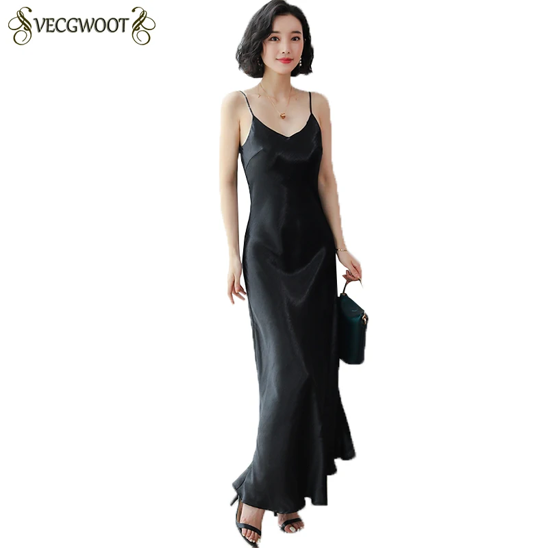 Spaghetti Strap Dress Women Long Sumer Solid color V-neck Sexy Slim Elegante Ladies Vestido Feminino LIU54 | Женская одежда