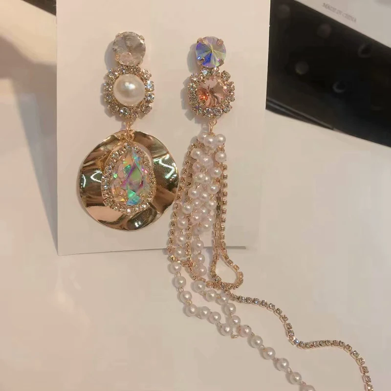 Корейские длинные висячие серьги для женщин, букле d'oreille femme, асимметричные серьги, Кристальные блестящие серьги Brincos с искусственным жемчугом